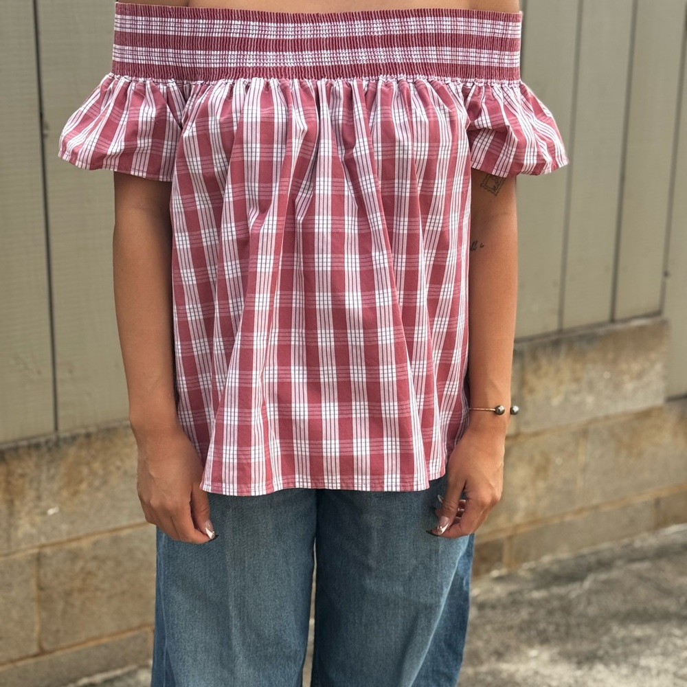 Off-Shoulder mauve Plaid Top popular Palaka print 💖